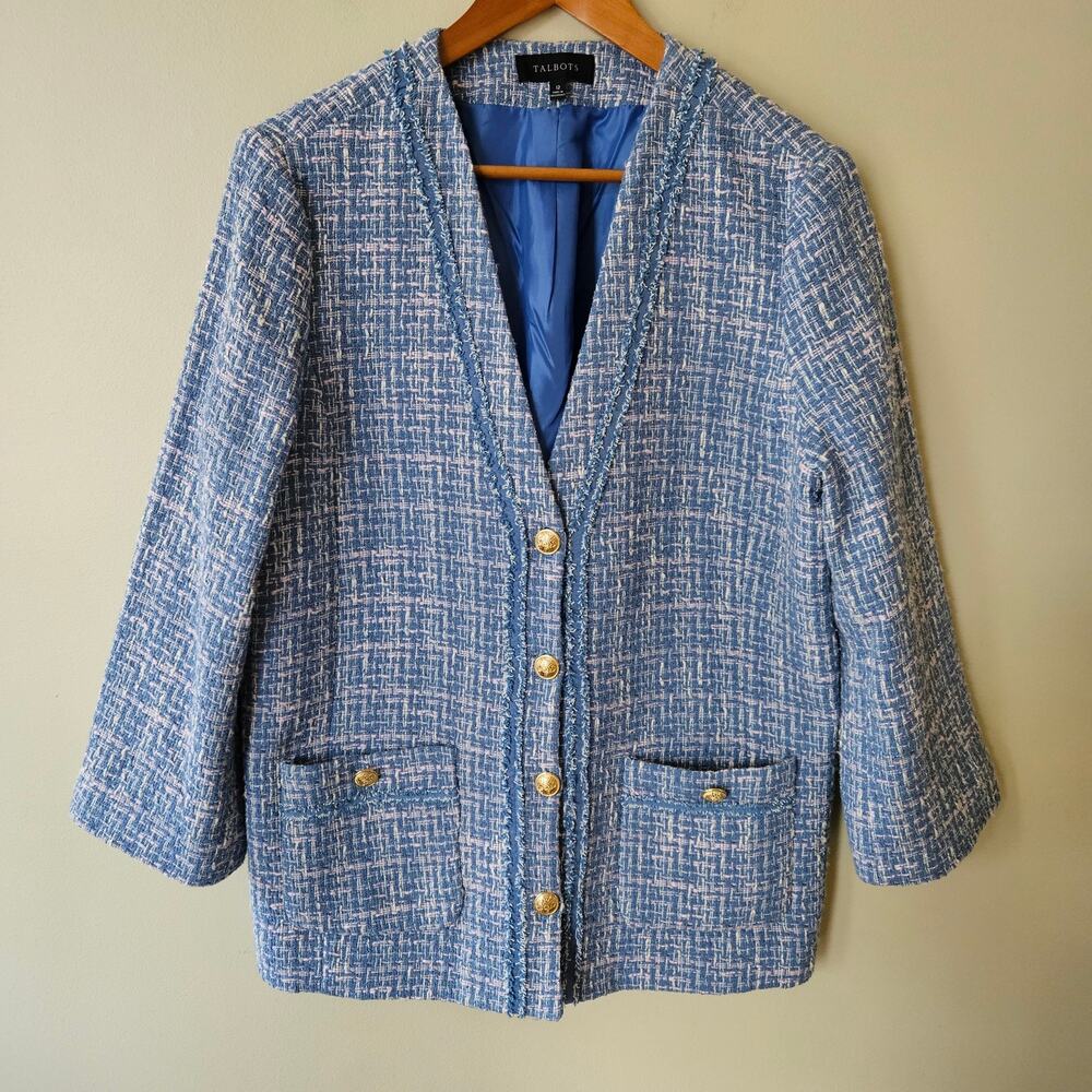 Talbot's Women's Tweed Blazer, Size 12 Blue Old Money Retro Glam Preppy Academia